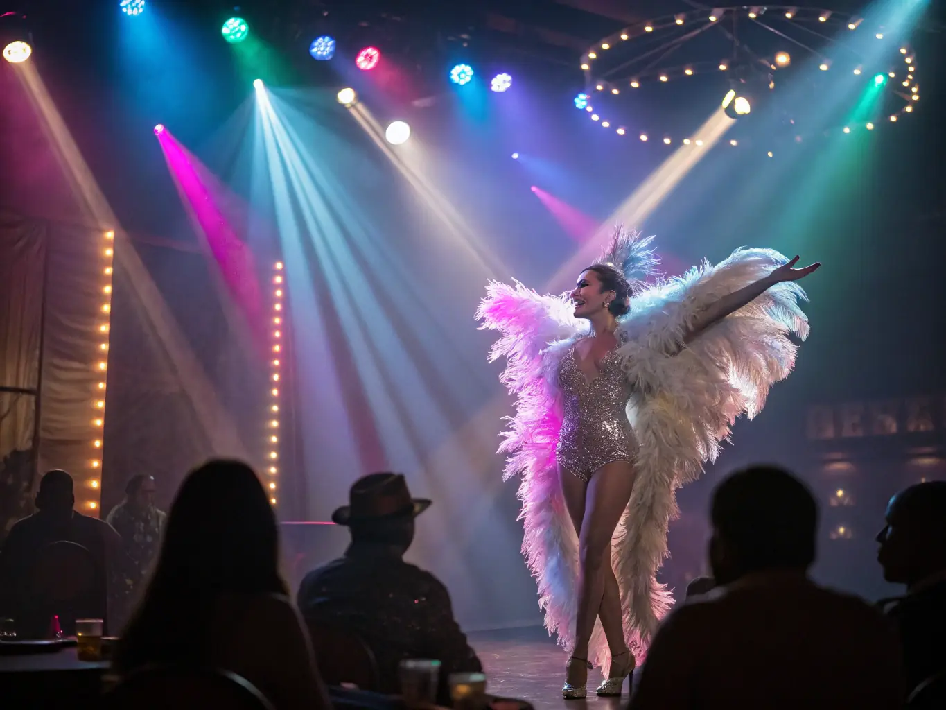 A dynamic image of a drag performance on stage, featuring elaborate costumes, dramatic lighting, and an engaged audience. The artist is interacting with the crowd, creating an atmosphere of excitement and celebration.