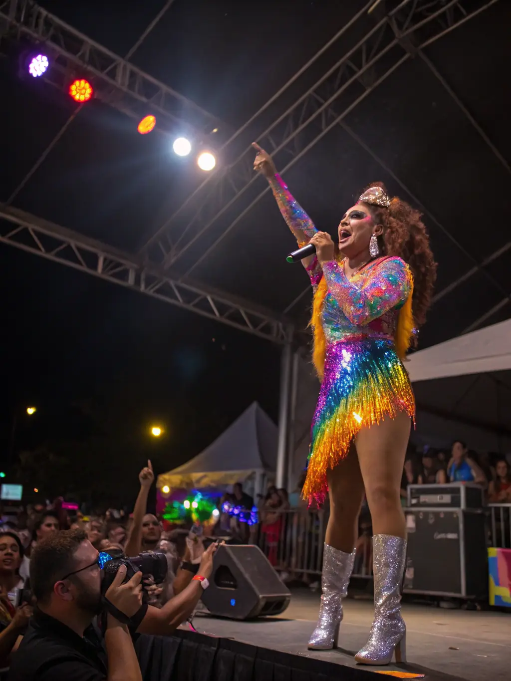A photograph showcasing a collaborative performance between a drag artist and a local musician at a NOTRE DRAG DE CAEN event, highlighting the fusion of music and drag artistry.