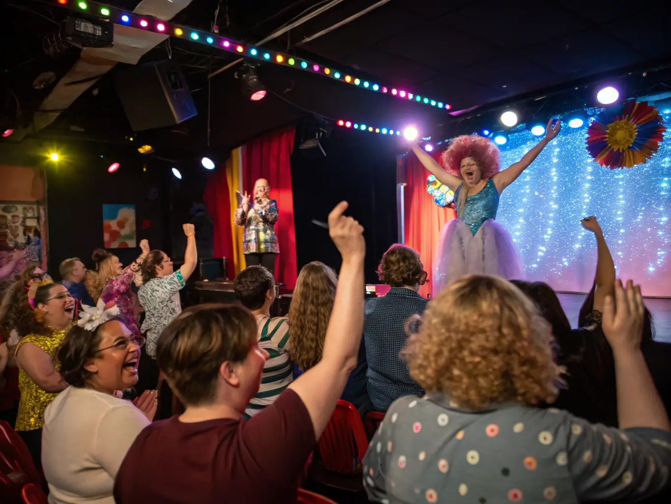 A vibrant photograph capturing a drag queen performing on stage during a NOTRE DRAG DE CAEN event, showcasing the energy and artistry of the performance.