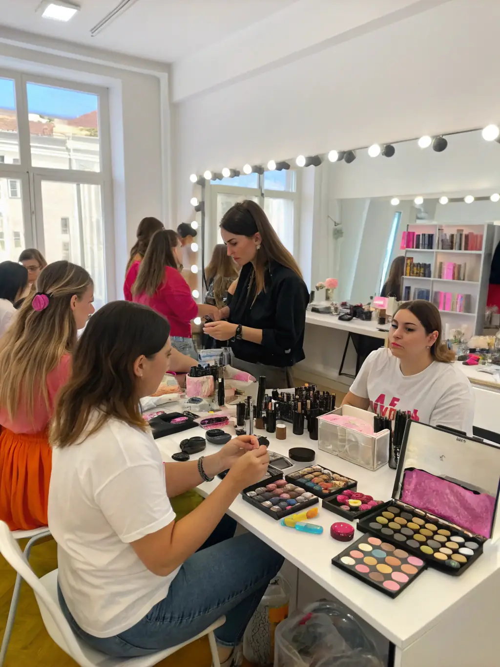 A group of participants in a NOTRE DRAG DE CAEN workshop, learning makeup techniques from a professional drag artist, with various makeup tools and palettes visible on the table.