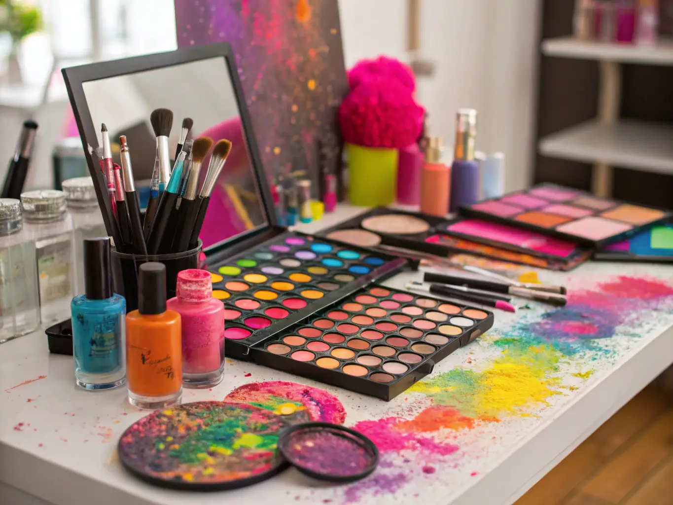 A vibrant photograph capturing a drag artist leading a makeup workshop, demonstrating techniques to a group of enthusiastic participants. The setting is a brightly lit studio with various makeup tools and products visible.
