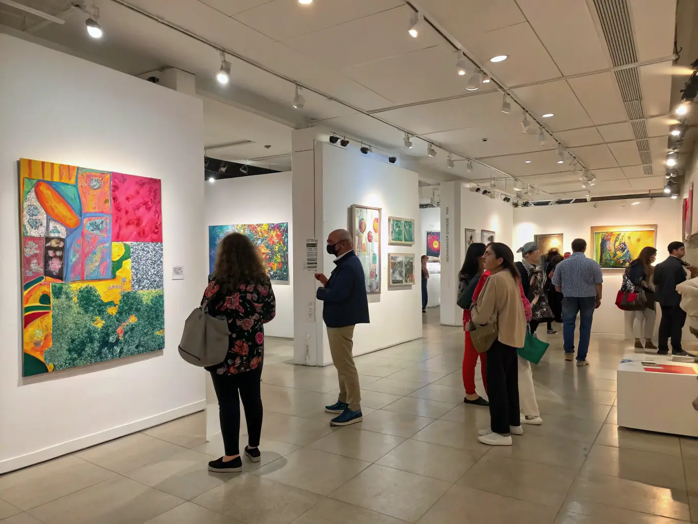 A photograph of a community art exhibition, showcasing diverse artworks created by local artists. The exhibition space is filled with people admiring the art and engaging in conversations.
